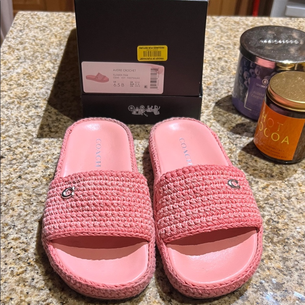Coach Pink Woven Slide Sandals